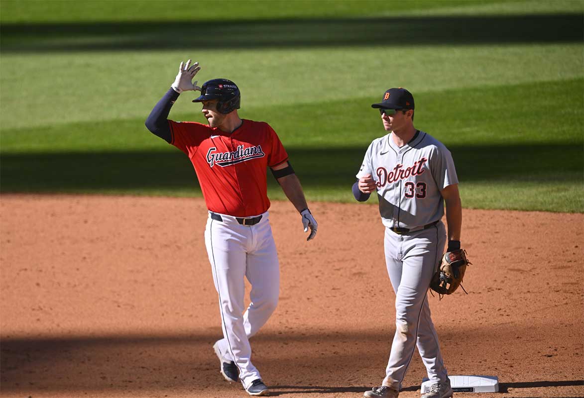 Cleveland Guardians designated hitter David Fry (6) celebrates a two-run double against the Detroit Tigers in the sixth inning in game one of the ALDS for the 2024 MLB Playoffs at Progressive Field.
