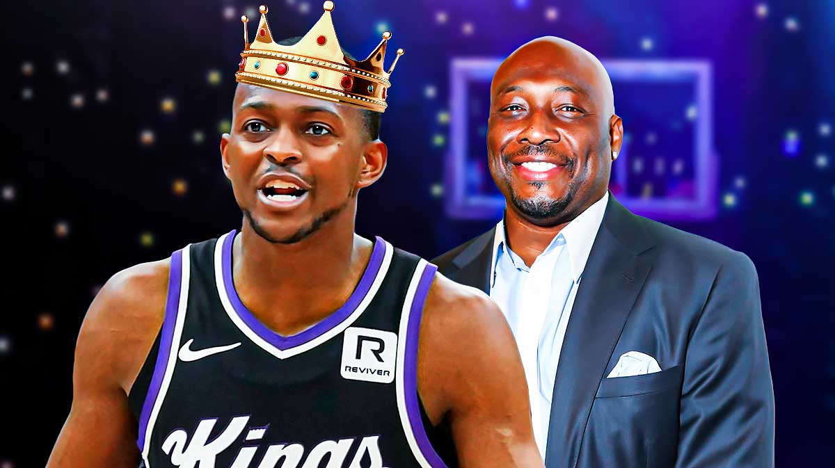 Kings star De'Aaron Fox with a crown on his head next to Kings Hall of Fame guard Mitch Richmond