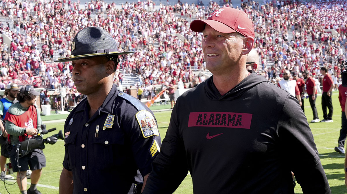 Alabama Crimson Tide head coach Kalen DeBoer leave the field at Bryant-Denny Stadium. Alabama defeated South Carolina 27-25