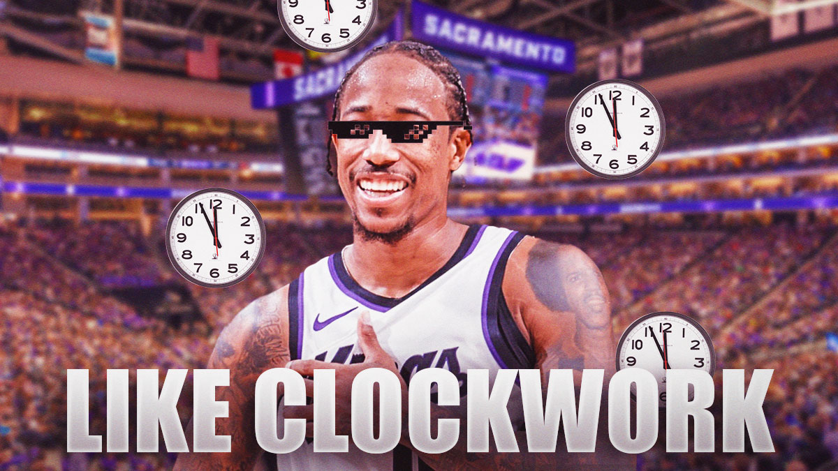 Kings' DeMar DeRozan with thug life shades on, smiling, with clocks all over, caption below: LIKE CLOCKWORK