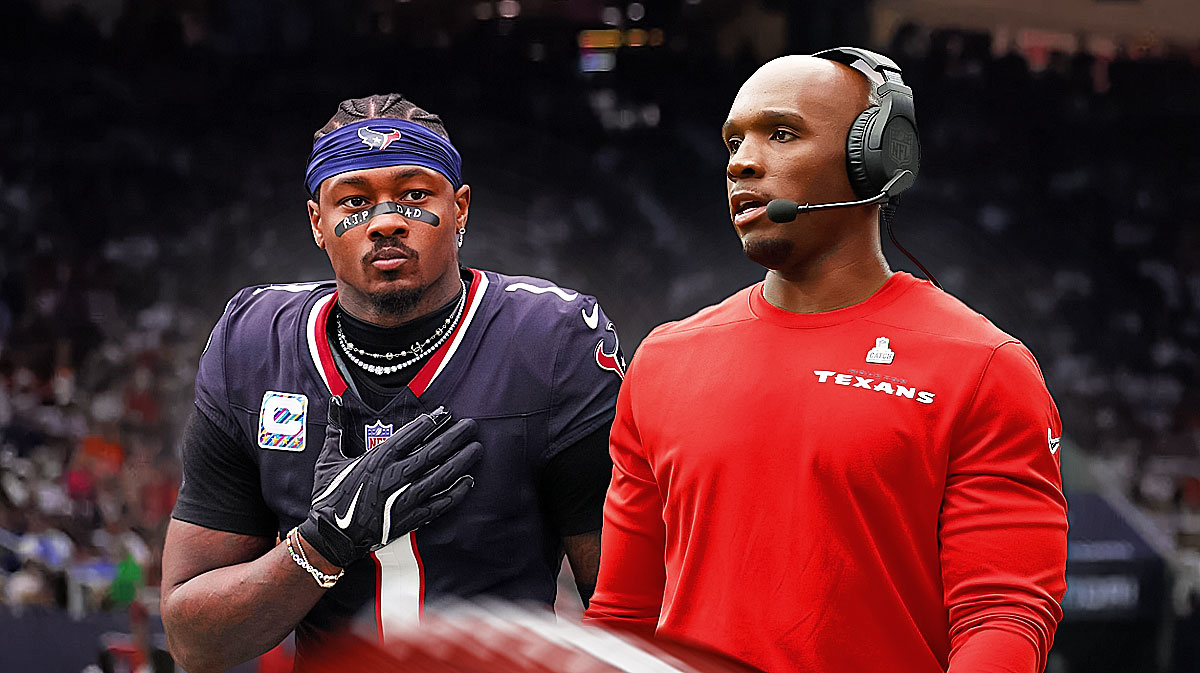 Stefon Diggs in a Houston Texans uniform with Texans head coach DeMeco Ryans as Ryans talks about Diggs fit for the team after trade from bills.