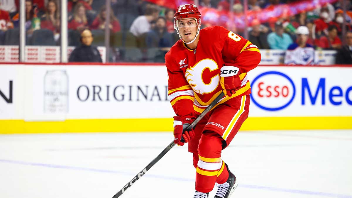Calgary Flames defenseman Tyson Barrie (8) controls the puck against the Edmonton Oilers during the second period at Scotiabank Saddledome