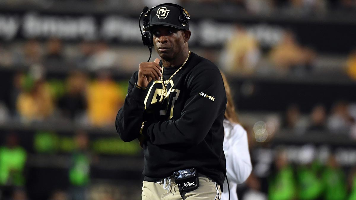 Colorado Buffaloes head coach Deion Sanders looks on from the sideline during the second half against the Kansas State Wildcats at Folsom Field.