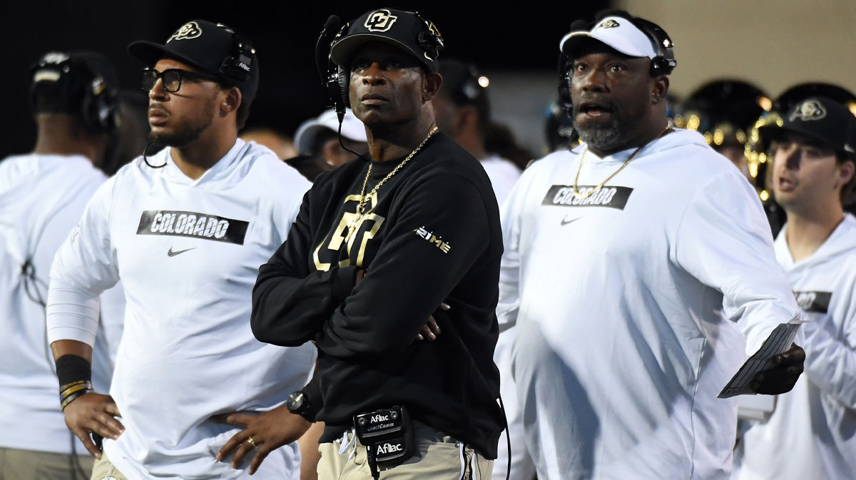 Colorado Buffaloes head coach Deion Sanders looks from the sidelines during the second half against the Kansas State Wildcats at Folsom Field.