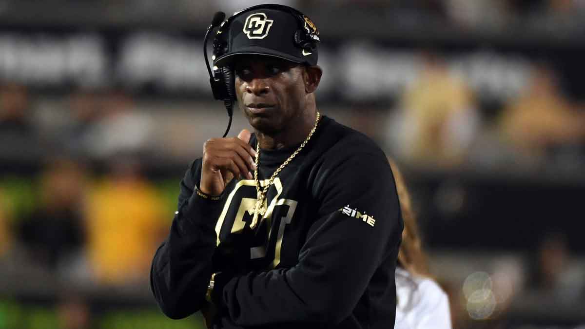 Colorado Buffaloes head coach Deion Sanders looks on from the sideline during the second half against the Kansas State Wildcats at Folsom Field.