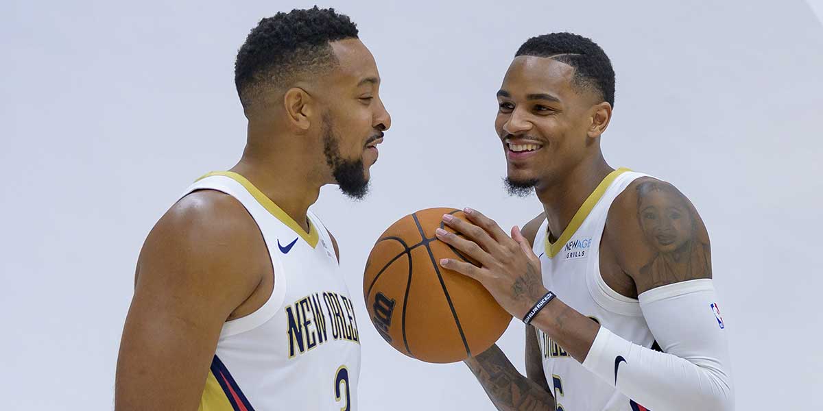 September 30, 2024; New Orleans, LA, USA; New Orleans Pelicans guard CJ McCollum (3) and guard Dejounte Murray (5) participate in Pelicans Media Day at Smoothie King Center.