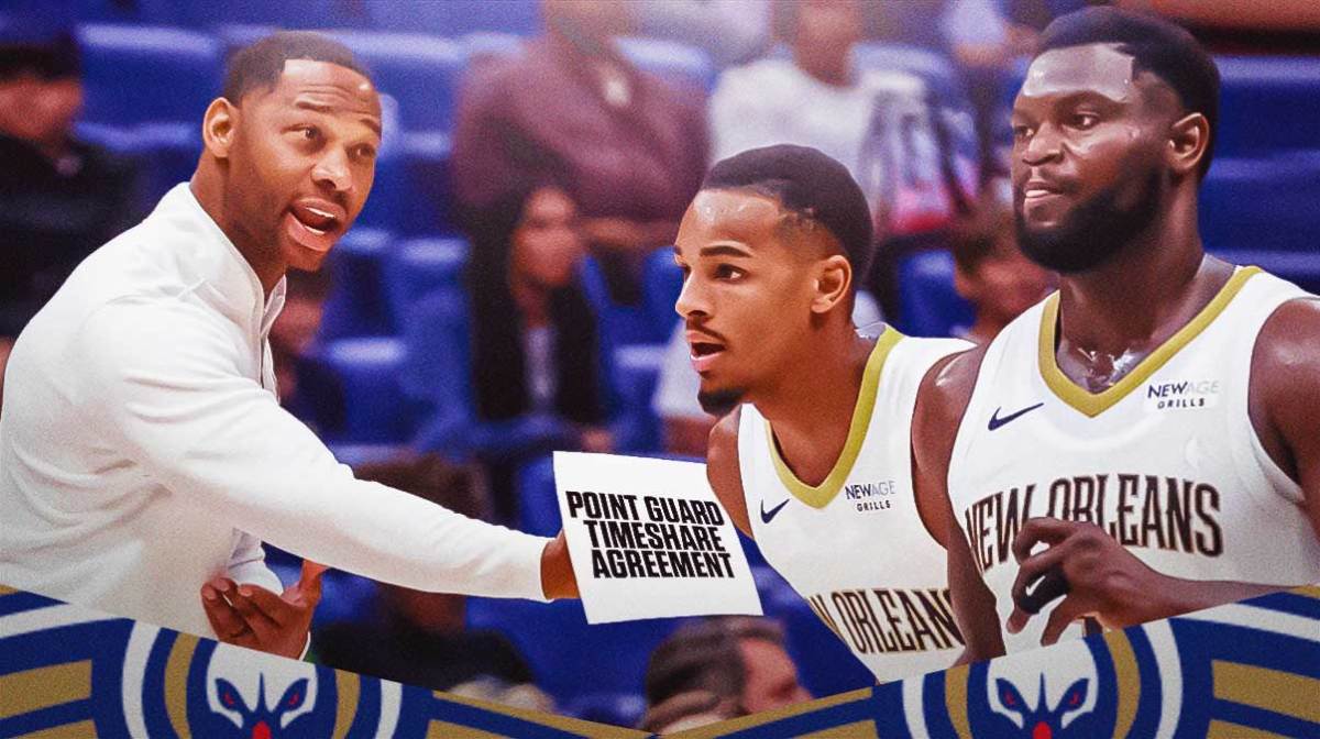 Willie Green showing a 'Point Guard Timeshare Agreement' to Zion Williamson and Dejounte Murray