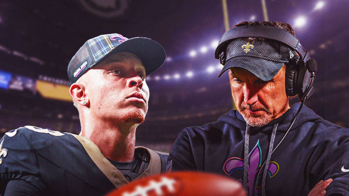 Saints' HC Dennis Allen looking disappointed next to a disappointed Spencer Rattler