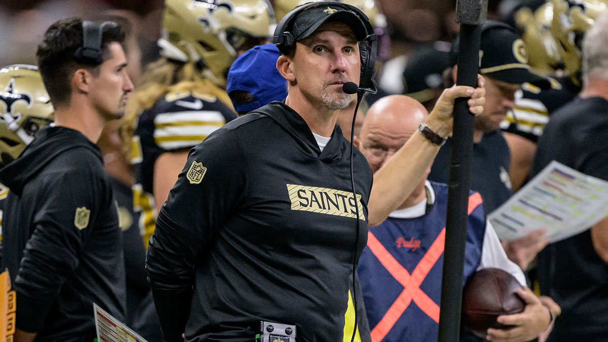 New Orleans Saints head coach Dennis Allen reacts against the Denver Broncos during the second quarter at Caesars Superdome.