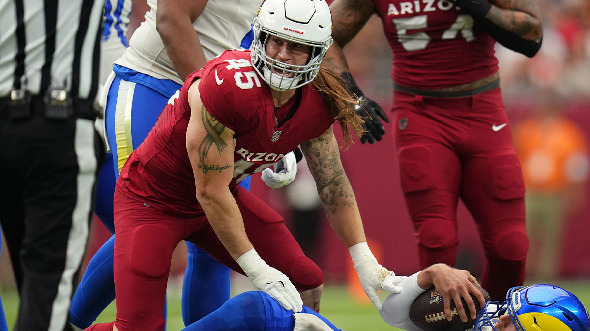 Arizona Cardinals linebacker Dennis Gardeck (45) sacks Los Angeles Rams quarterback Matthew Stafford (9) on Sept. 15, 2024, at State Farm Stadium in Glendale.