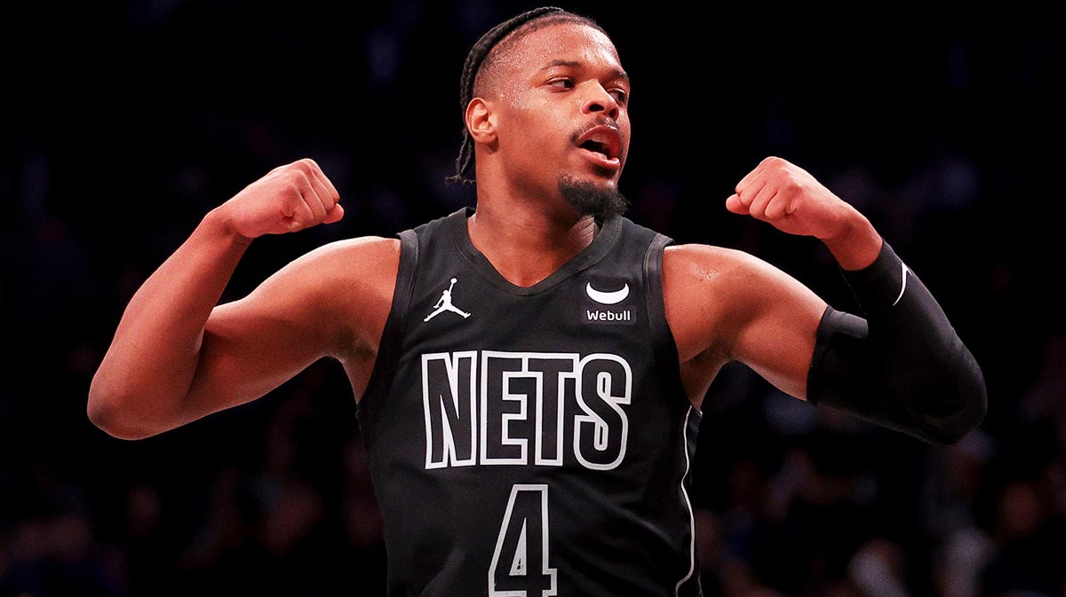 Back Brooklyn Nets Denis Smith younger (4) reacts during the fourth quarter against Portland Traille Bleysers in Barcles Center.