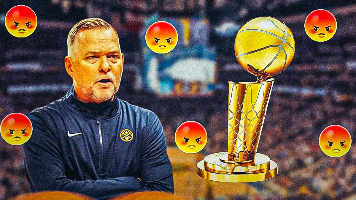 Denver Nuggets head coach Michael Malone with angry emojis around him and the NBA Championship trophy next to him.