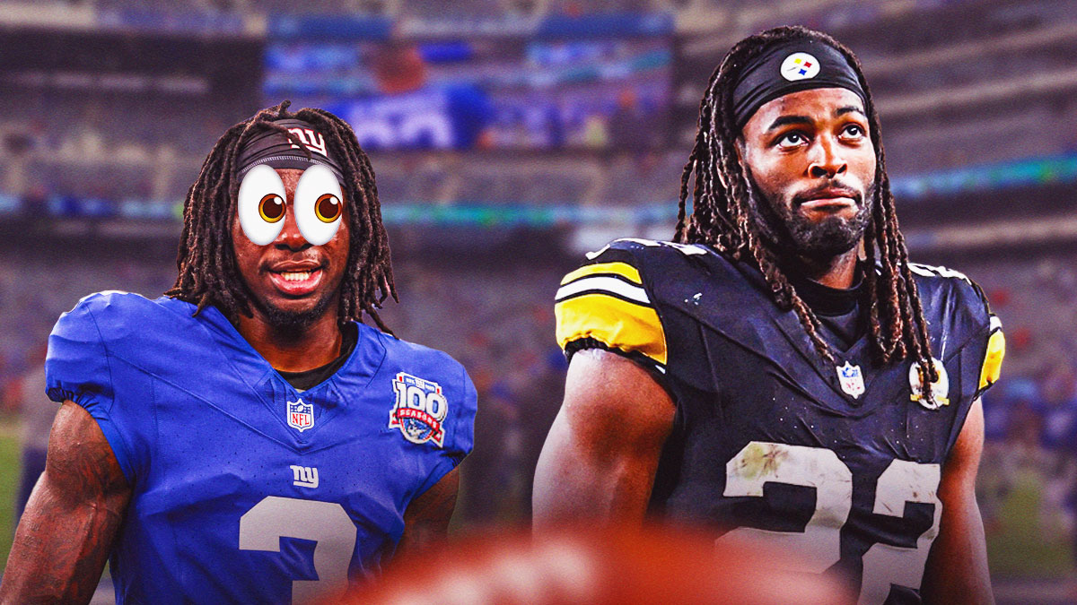 Deonte Banks in a New York Giants uniform with big cartoon eyes looking at Najee Harris in a Pittsburgh Steelers uniform as Harris embarrassed Banks.