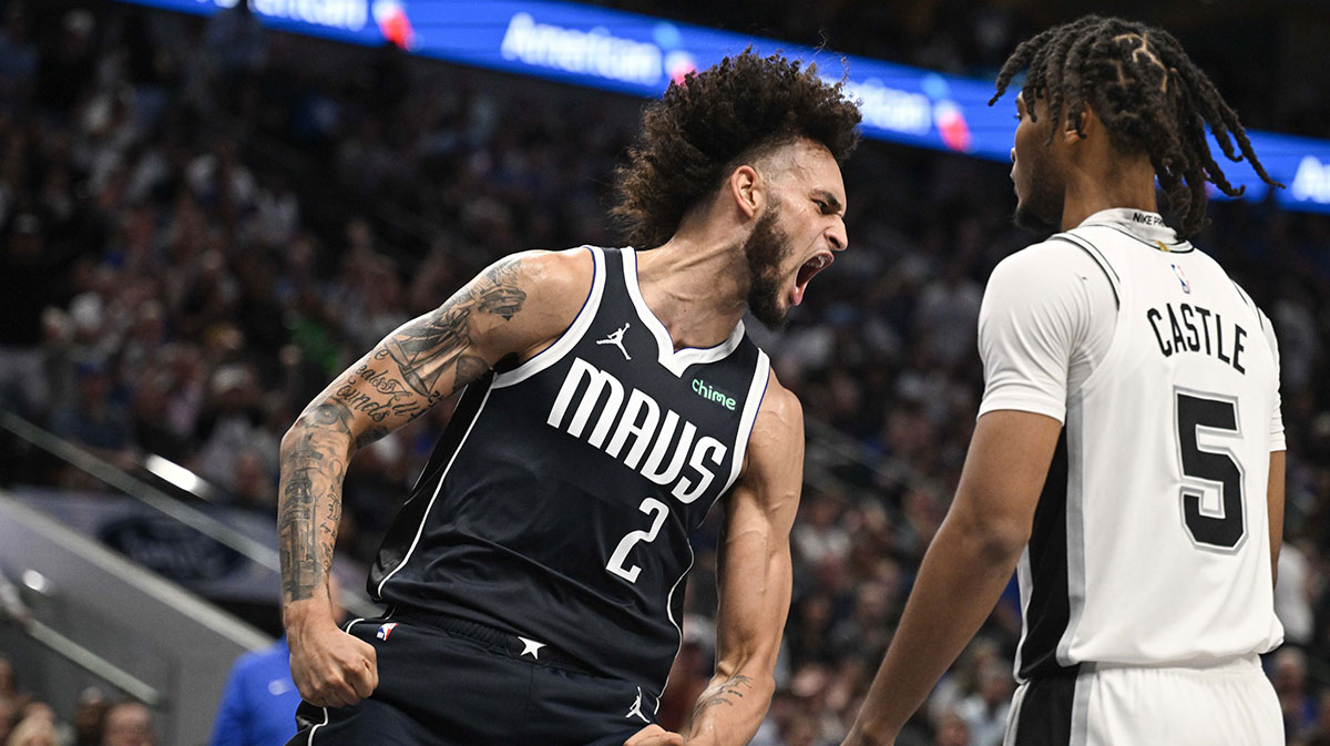 Dallas Mavericks center Derek Lively II (2) celebrates after dunking the ball against the San Antonio Spurs during the second half at American Airlines Center.