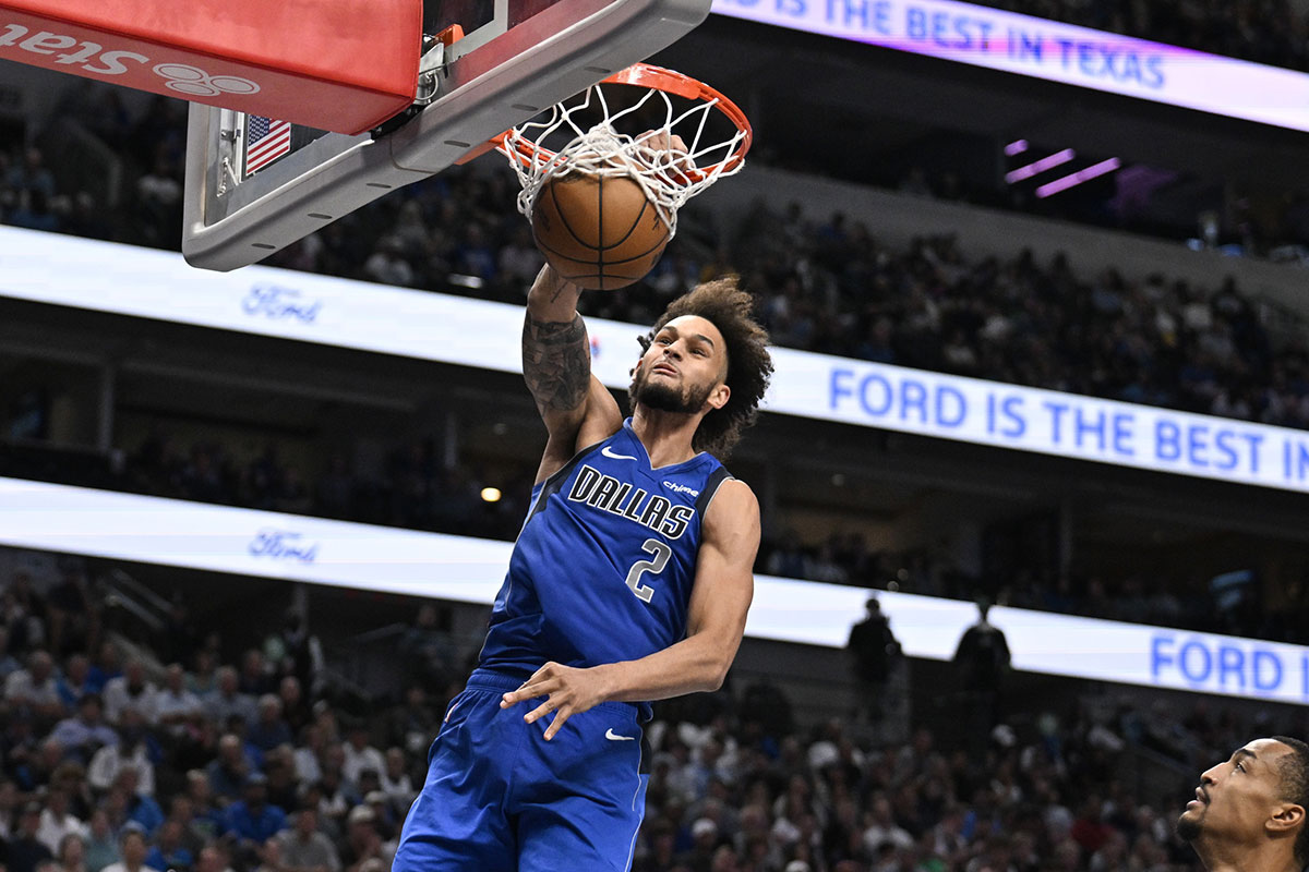 Dallas Mavericks center Dereck Lively II (2) dunks the ball against the Utah Jazz during the second half at the American Airlines Center.