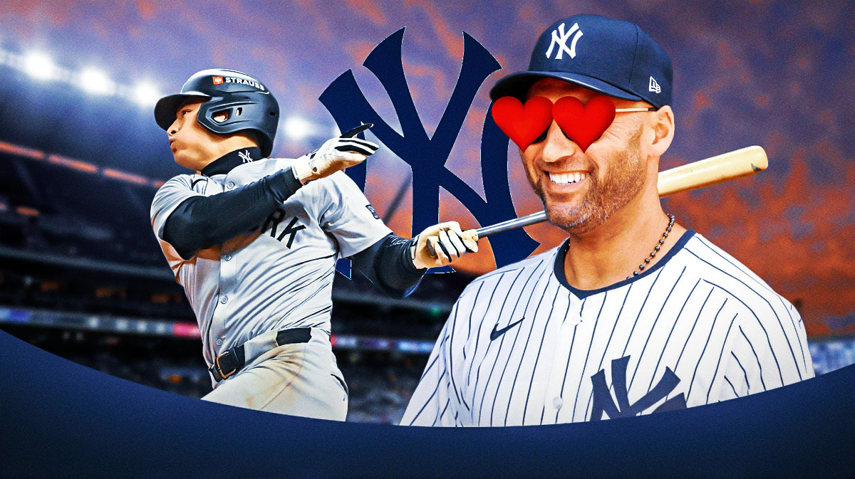 Derek Jeter with hearts in his eyes looking at Anthony Volpe swinging a bat