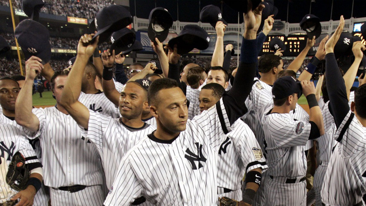 Yankees Derek Jeter and the rest of the New York Yankees thank their fans after the final game at Yankee Stadium Sept. 21, 2008.