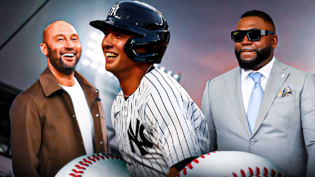 New York Yankees player Anthony Volpe smiling in the middle - David Ortiz and Derek Jeter on either side (both in suits, NOT as players)