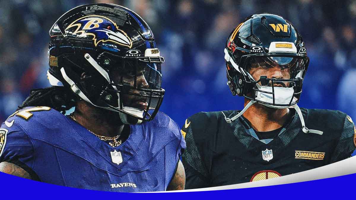 Derrick Henry in Ravens uniform next to Marcus Mariota Commanders uniform