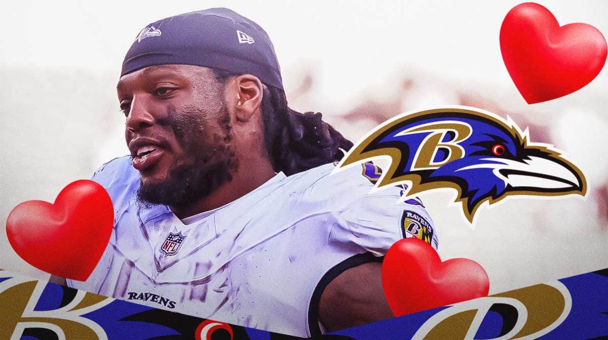 Derrick Henry surrounded by hearts beside the Baltimore Ravens logo