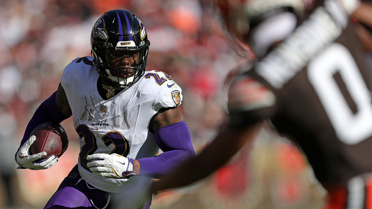 Baltimore Ravens running back Derrick Henry rushes for yards during the second half of an NFL football game.