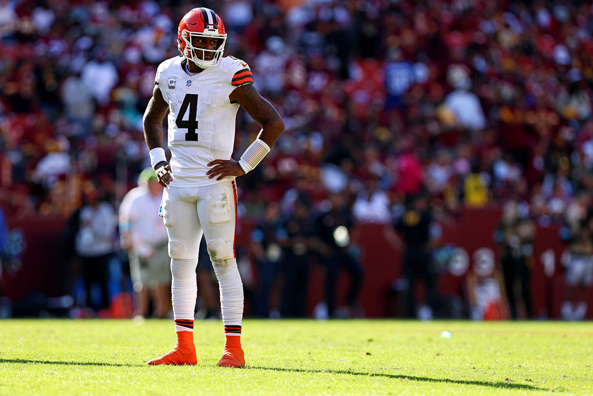 Cleveland Browns quarterback Deshaun Watson (4) waits for a play during the fourth quarter against the Washington Commanders at NorthWest Stadium.