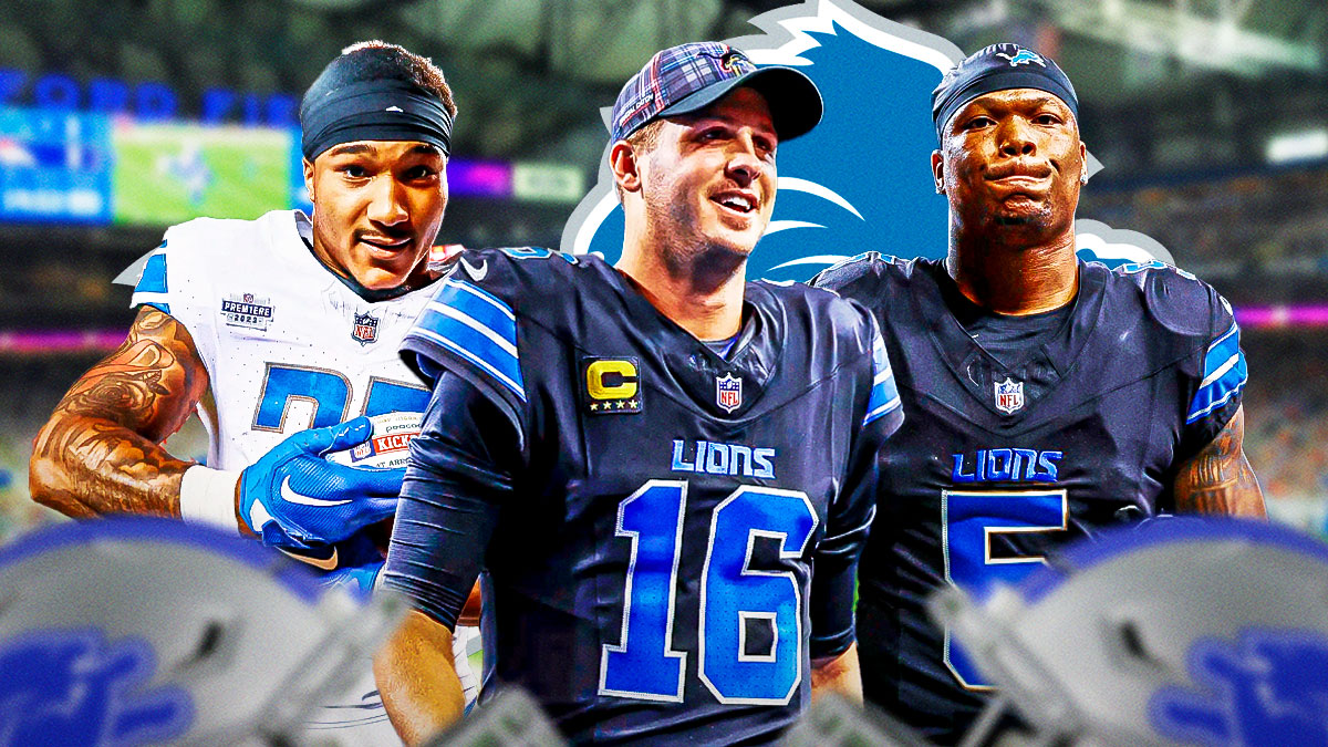 Detroit Lions QB Jared Goff with RB David Montgomery and safety Brian Branch. There is also a logo for the Detroit Lions.