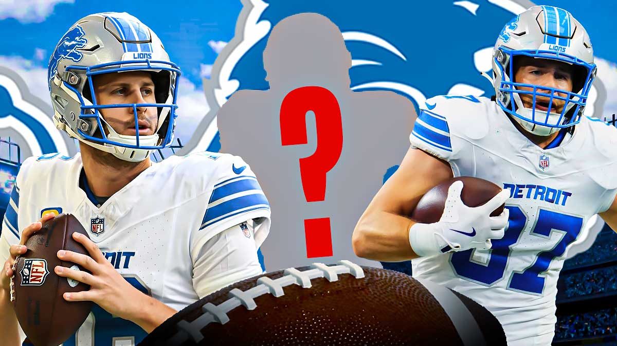 Detroit Lions QB Jared Goff with tight end Sam LaPorta and a silhouette of an American football player with a big question mark emoji inside. There is also a logo for the Detroit Lions.