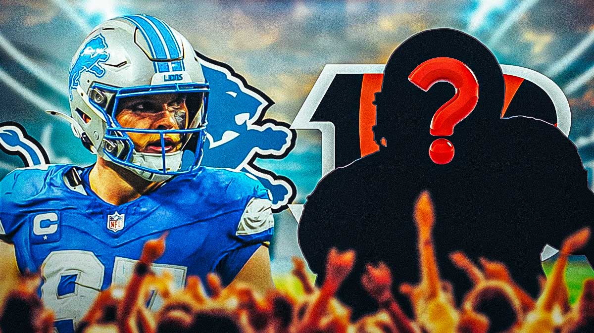 Detroit Lions defensive end Aidan Hutchinson next to a silhouette of an American football player with a big question mark emoji inside. There is a logo for the Detroit Lions next to Hutchinson and a logo for the Cincinnati Bengals next to the silhouette.