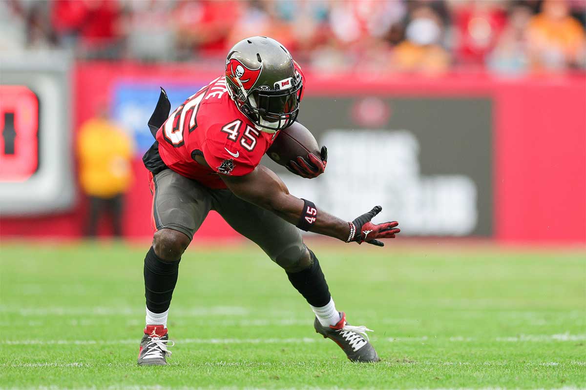 Tampa Bay Buccaneers linebacker Devin White (45) intercepts the ball against the Jacksonville Jaguars in the first quarter at Raymond James Stadium.