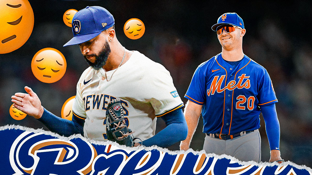 Brewers' Devin Williams looking sad, with sad emojis all over him, with Mets' Pete Alonso smiling at him