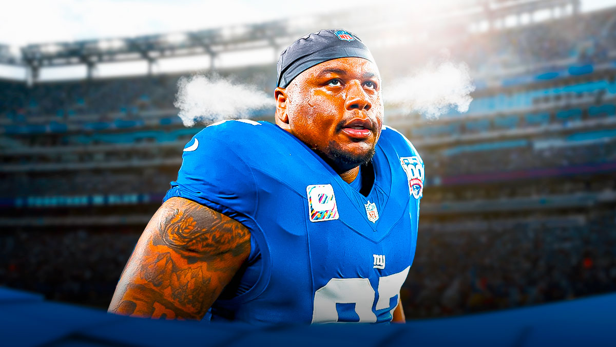 Dexter Lawrence in Giants uniform with smoke coming out of his ears