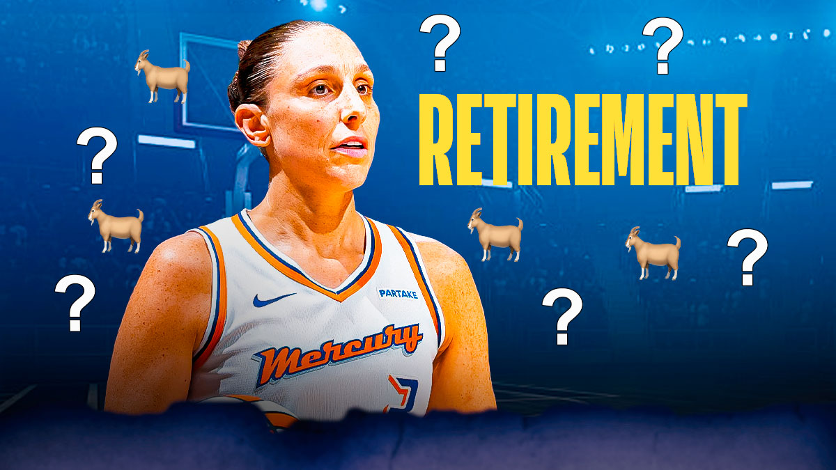 Phoenix Mercury guard looking at the word "retirement" with question marks surrounding her, as well as the GOAT emoji.