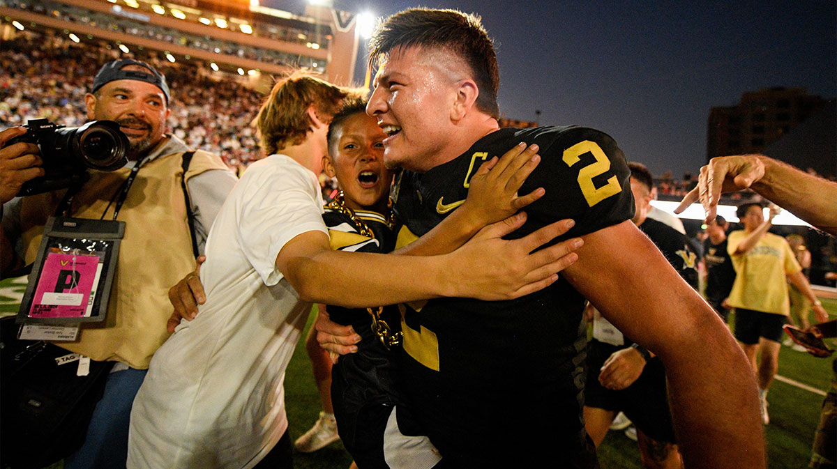 Vanderbilt Commodores quarterback Diego Pavia (2) celebrates after an upset victory over the Alabama Crimson Tide at FirstBank Stadium.