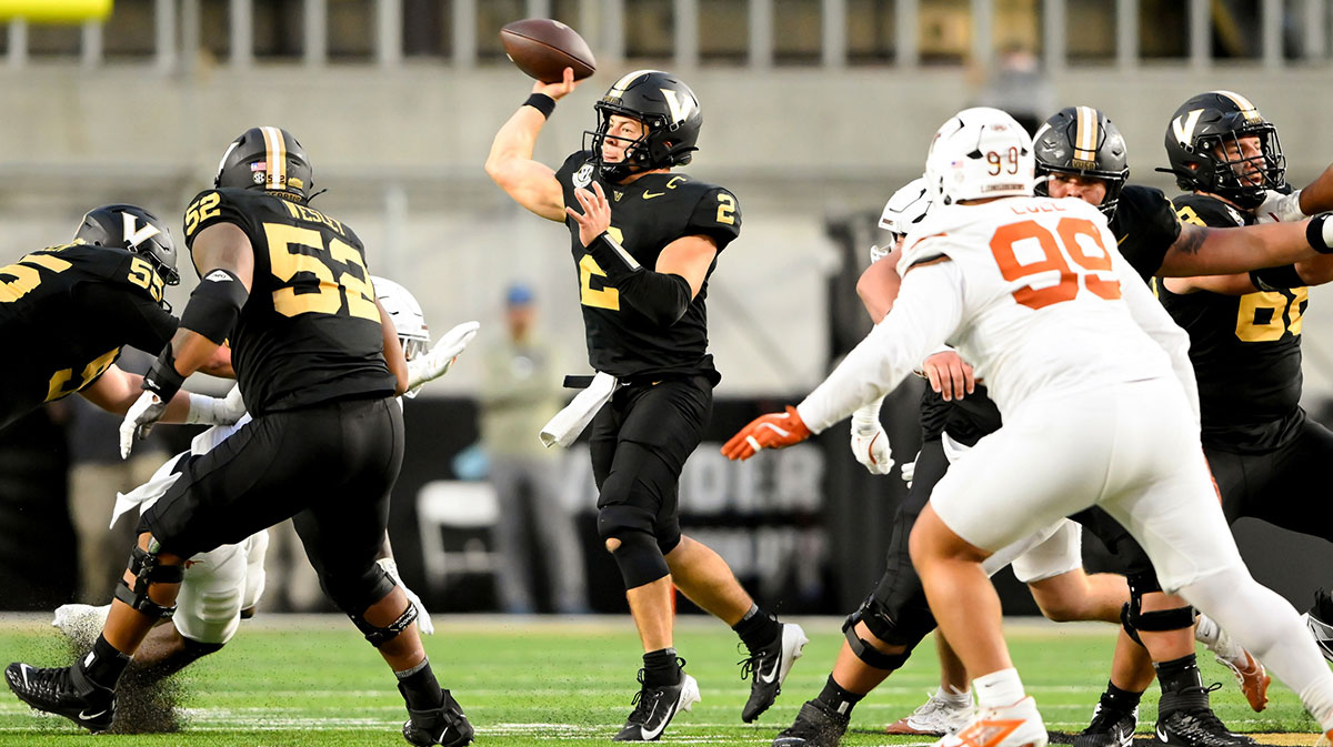 Vanderbilt Commodores quarterback Diego Pavia (2) passes the ball against the Texas Longhorns during the second half at FirstBank Stadium.