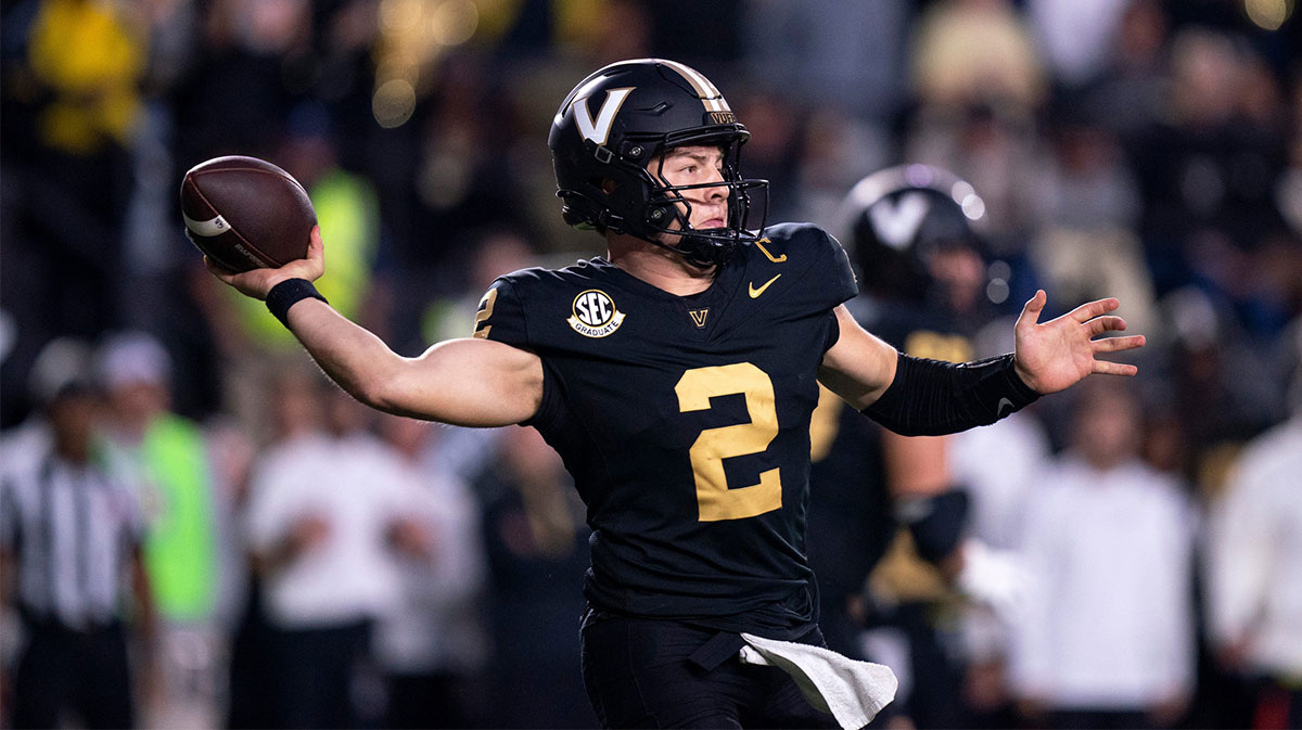 Vanderbilt Commodores quarterback Diego Pavia (2) throws against the Texas Longhorns during the second half of their game at FirstBank Stadium