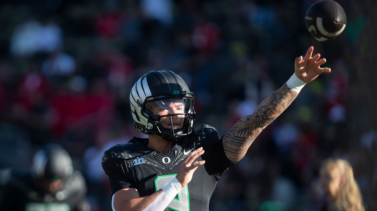 Oregon Ducks quarterback Dillon Gabriel throws out a pass during warmups as the No. 3 Oregon Ducks host the No. 2 Ohio State Buckeyes Saturday, Oct. 12, 2024 at Autzen Stadium in Eugene, Ore.