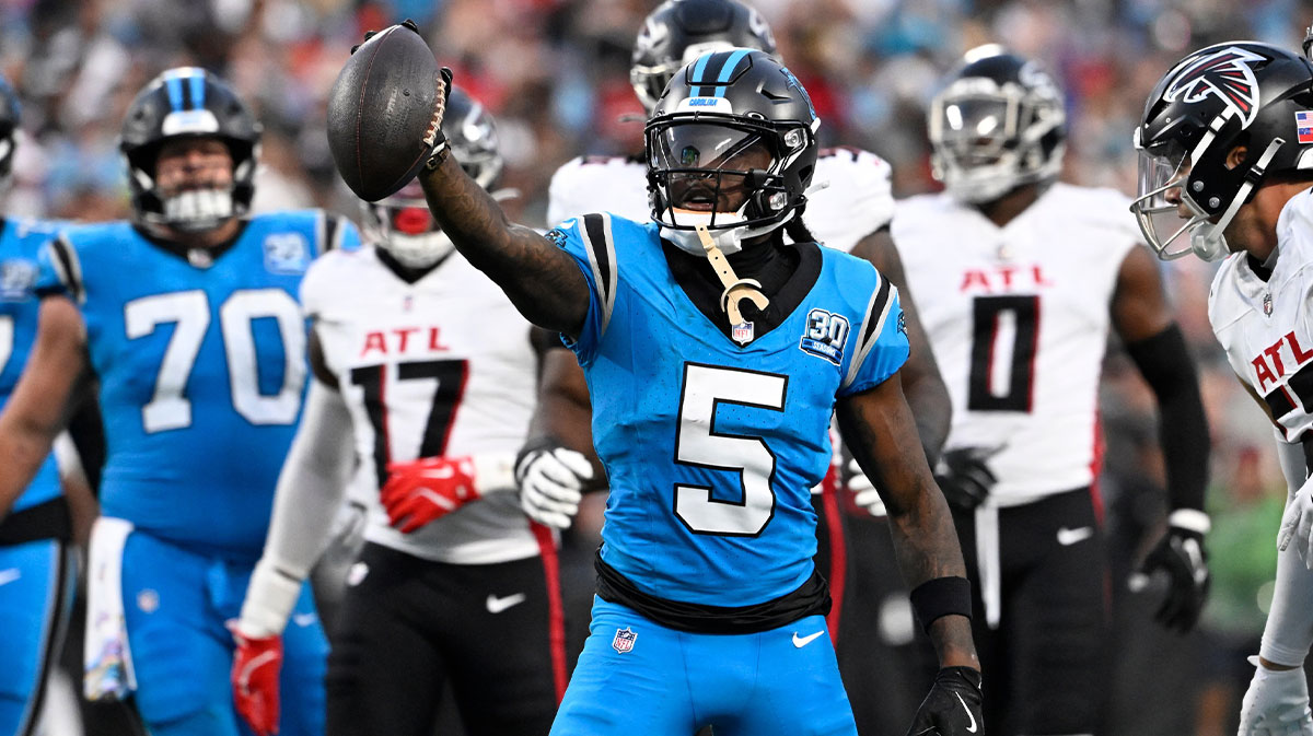Carolina Panthers wide receiver Diontae Johnson (5) reacts after making a catch in the second quarter at Bank of America Stadium.