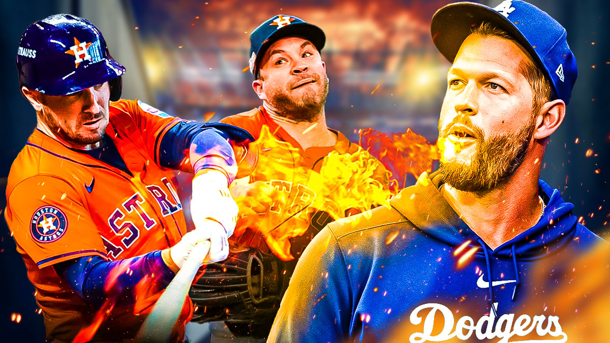 IMAGE: Dodgers Clayton Kershaw breathing fire at Astros Jose Altuve, Astros Alex Bregman.