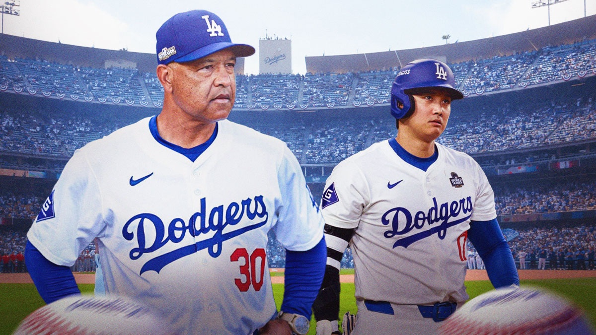 Dave Roberts next to Shohei Ohtani in front of the Dodgers stadium