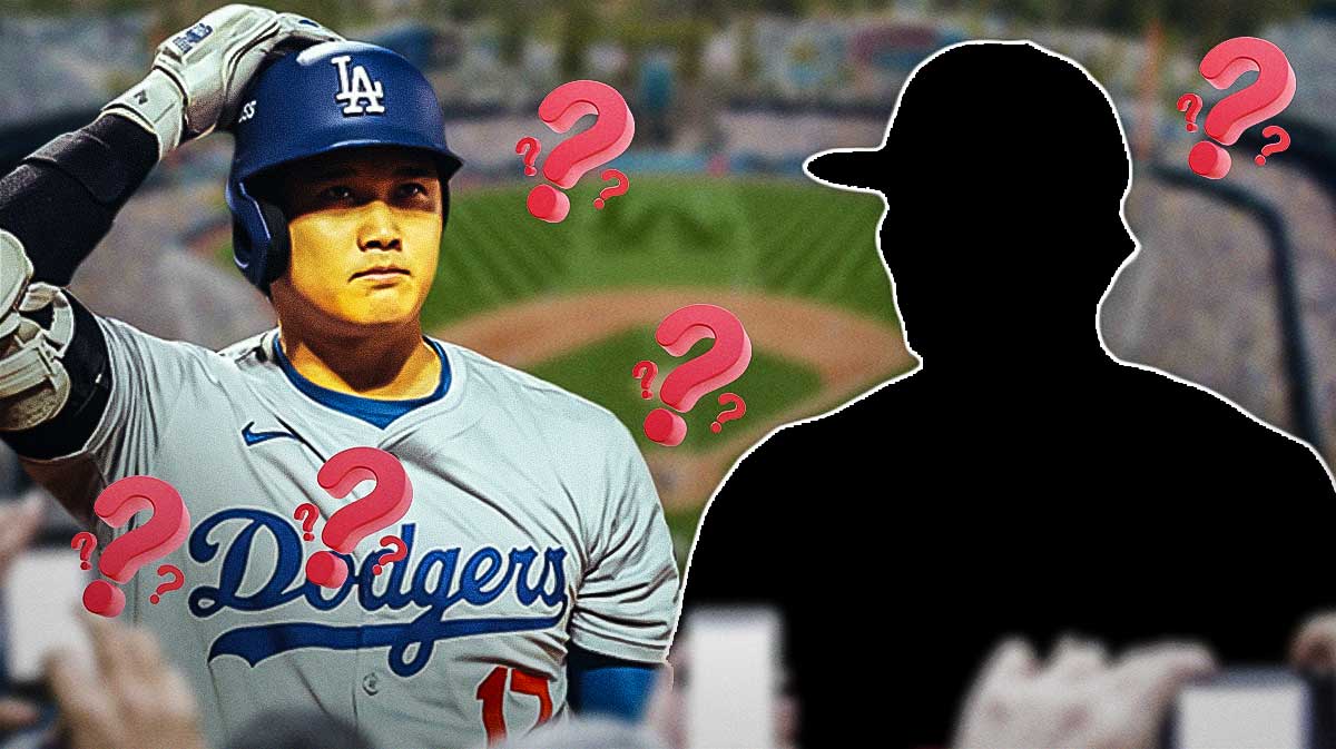 Los Angeles Dodgers player Shohei Ohtani - silhouette of Yoshinobu Yamamoto next to him with question marks around the silhouette
