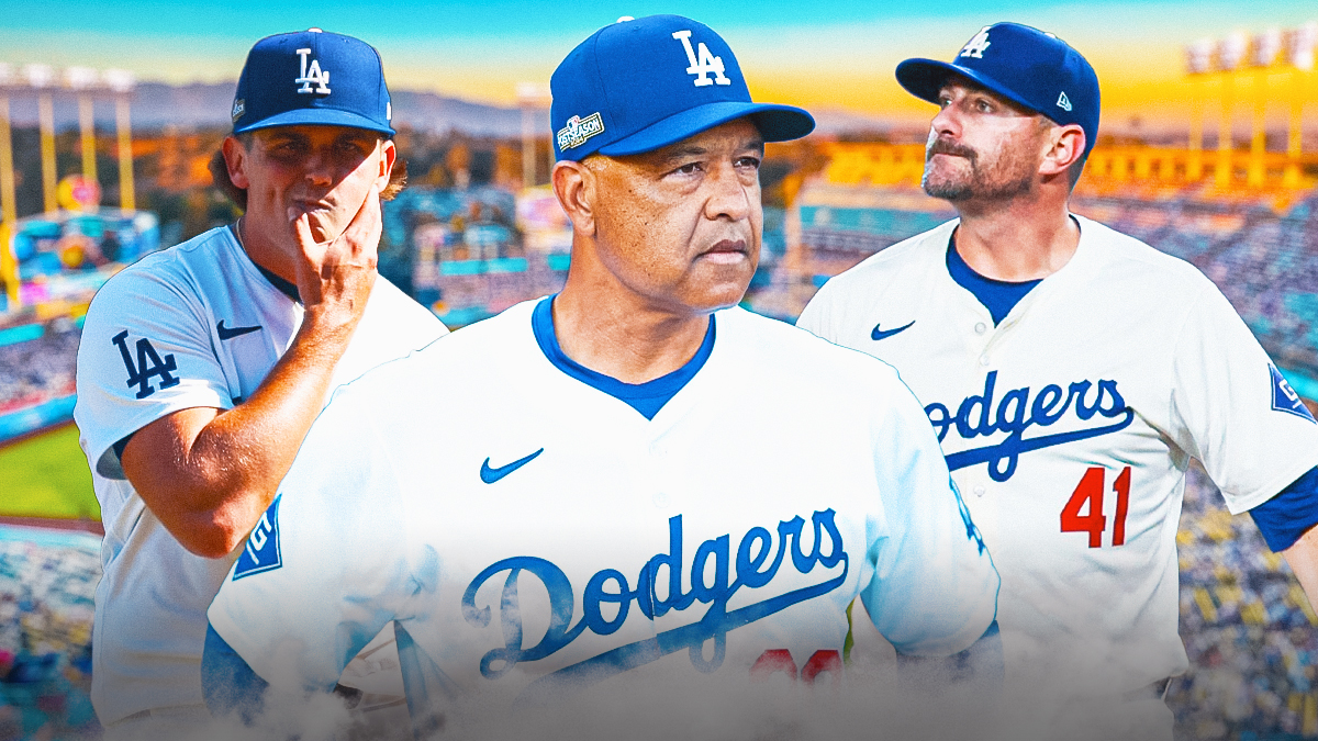 Dodgers' Dave Roberts looking sad, with Landon Knack and Daniel Hudson beside him