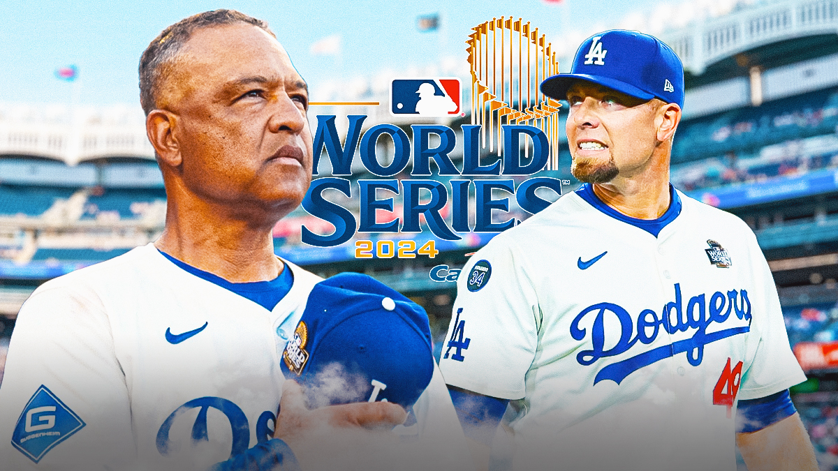 Dave Roberts and Blake Treinen in front of Yankee Stadium with World Series logo in the background.