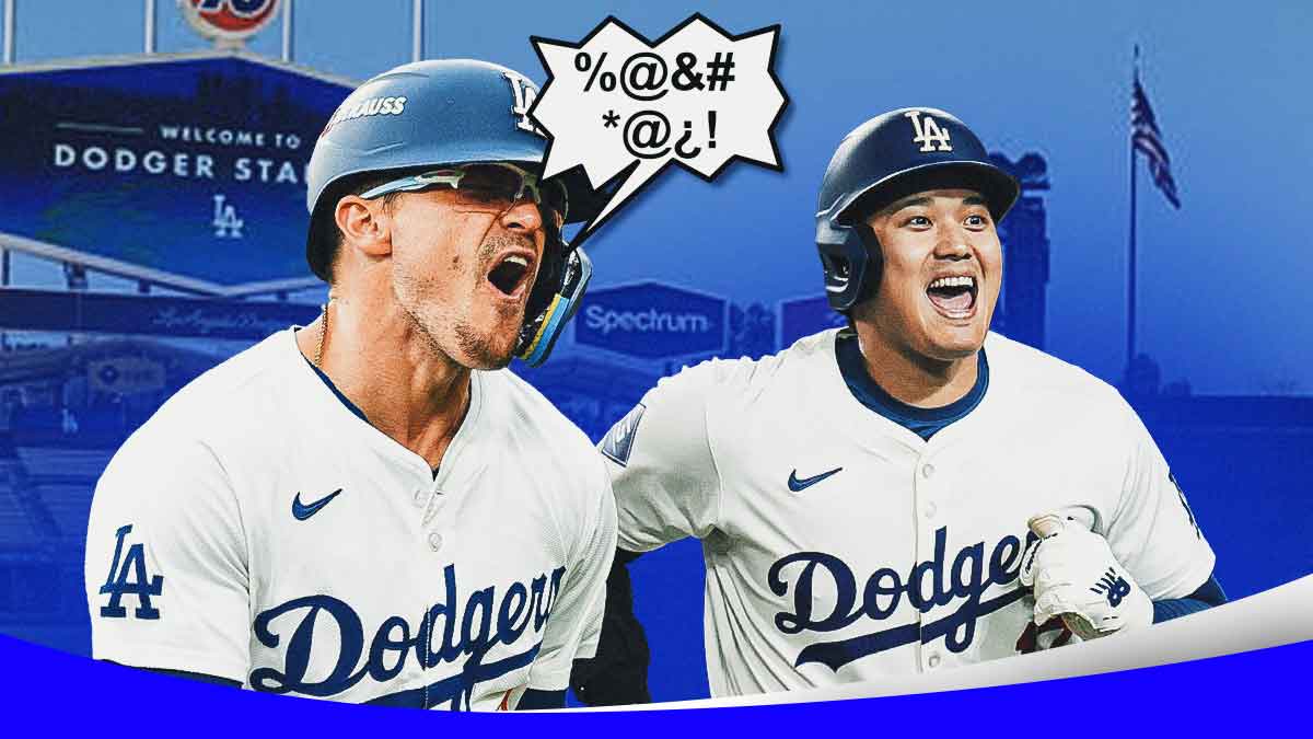 Dodgers' Enrique Hernandez hyped up, with a speech bubble of him containing grawlix, with Shohei Ohtani smiling beside him