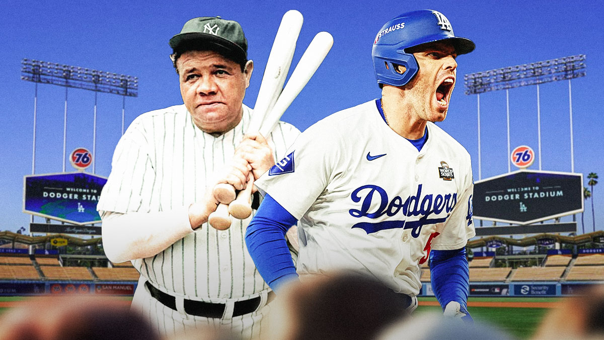 Freddie Freeman next to Babe Ruth in front of the Dodgers stadium.