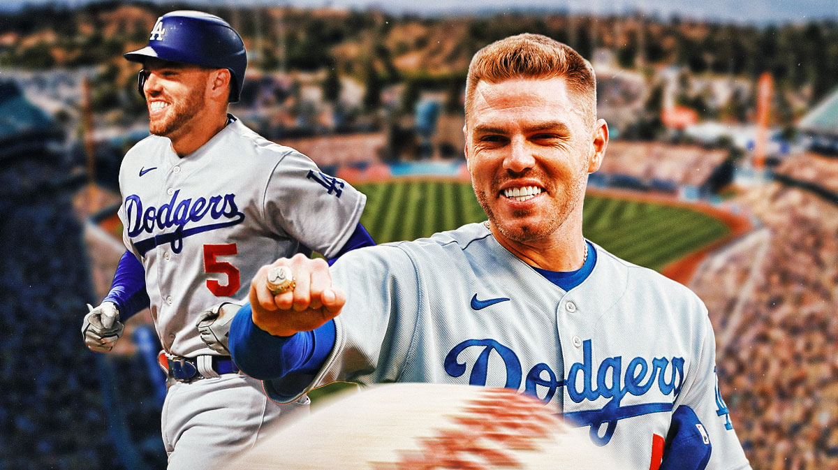 Freddie Freeman smiling in Dodgers jersey.