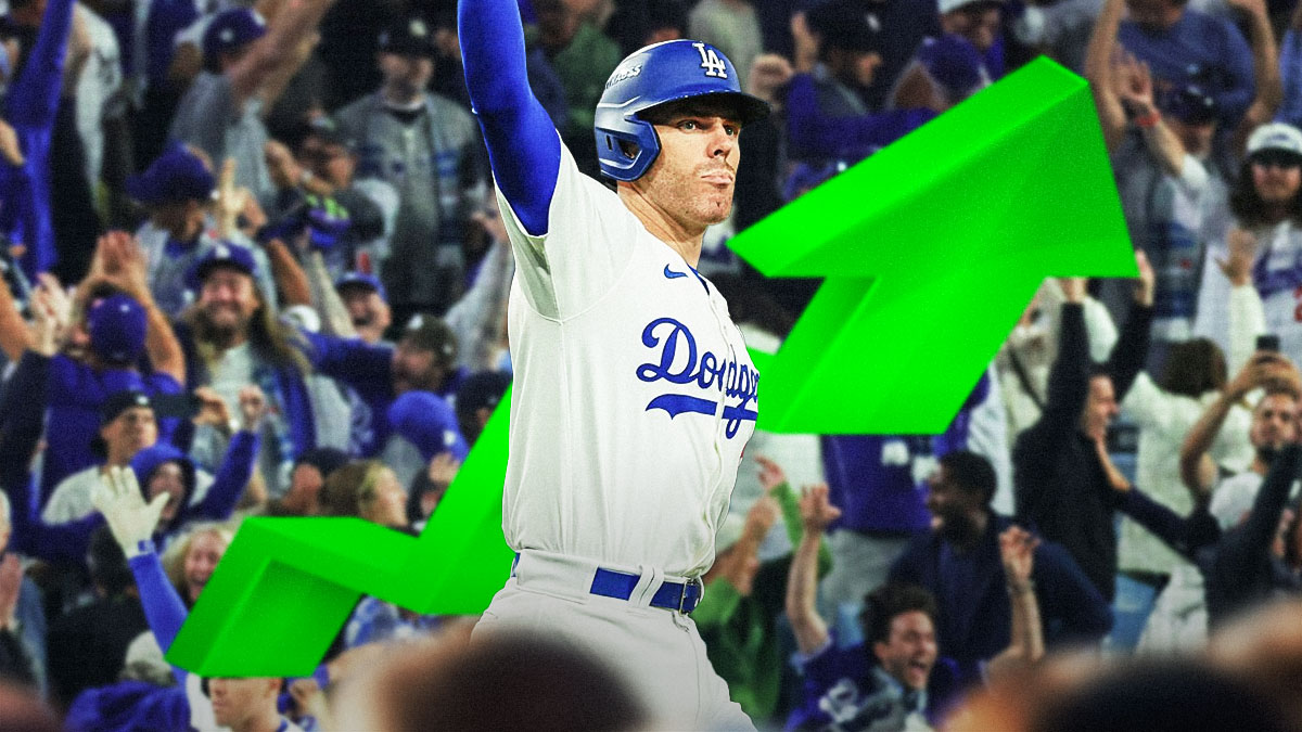 Dodgers' Freddie Freeman hyped up, with stock up logo all over him