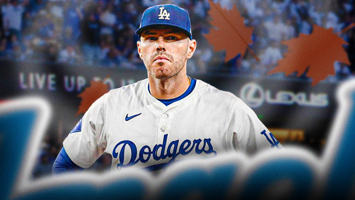 Los Angeles Dodgers first baseman Freddie Freeman running in center, graphic of wind rushing behind him, Dodger Stadium (home stadium of the Los Angeles Dodgers) in background