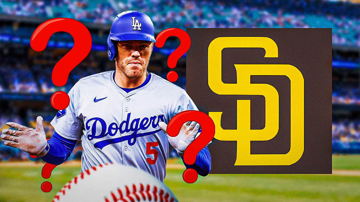 Dodgers' Freddie Freeman with question marks around him, Padres, Dodger Stadium in back