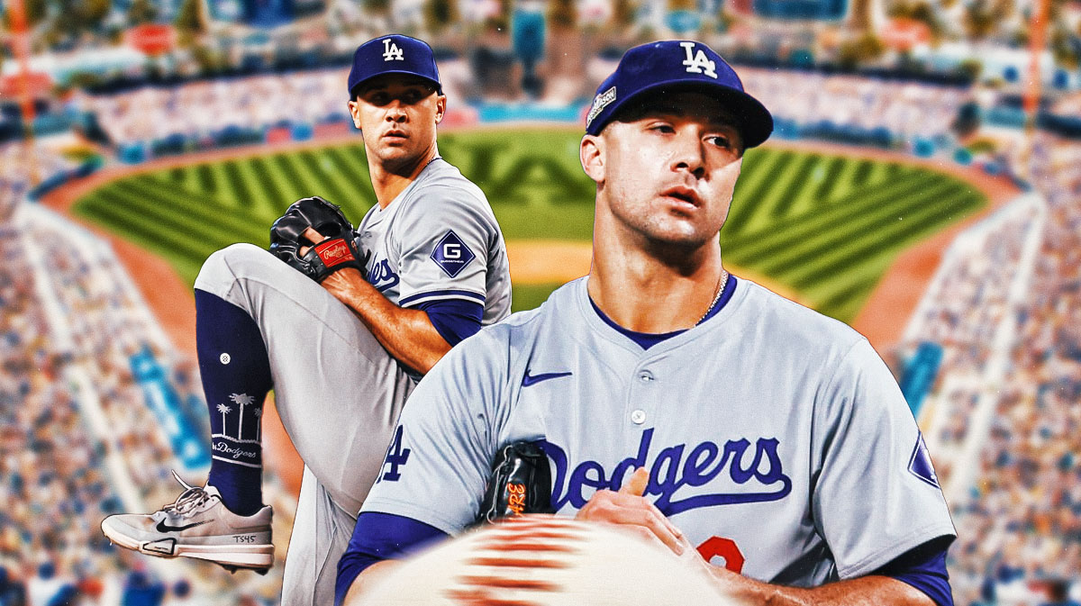 Los Angeles Dodgers star Jack Flaherty in front of Dodger Stadium.